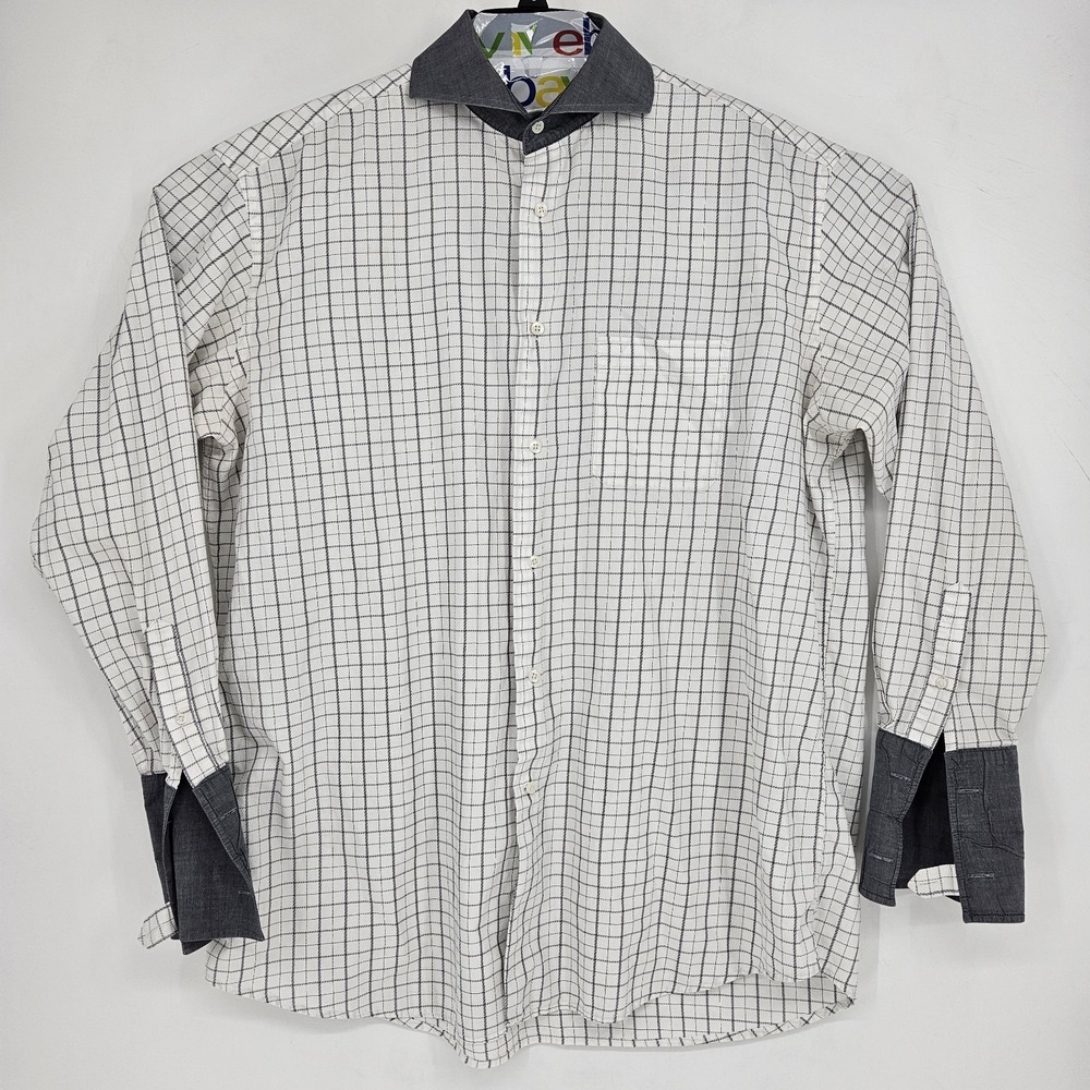 Steven Land Dress Shirt‎ Mens 17.5 36-37 Gray White Button Long Sleeve Vintage